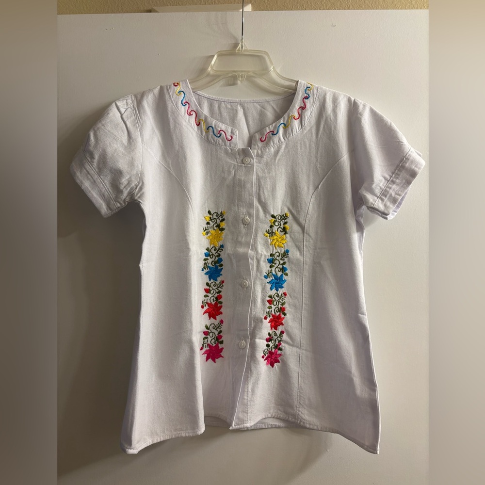 White Embroidered Button-Up Blouse